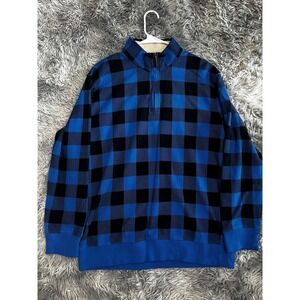 Lands End Fleece Sherpa Sweatshirt Men's L Blue Black Buffalo Plaid Lined